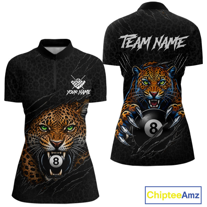 Funny Tiger 8 Ball women's quarter zip billiard shirt custom leopard claws pool team jersey, cue sports uniform