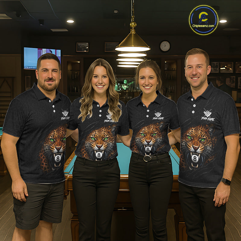 Men women billiard team wearing Funny Tiger 8 Ball custom pool uniforms, personalized 8 ball team jerseys
