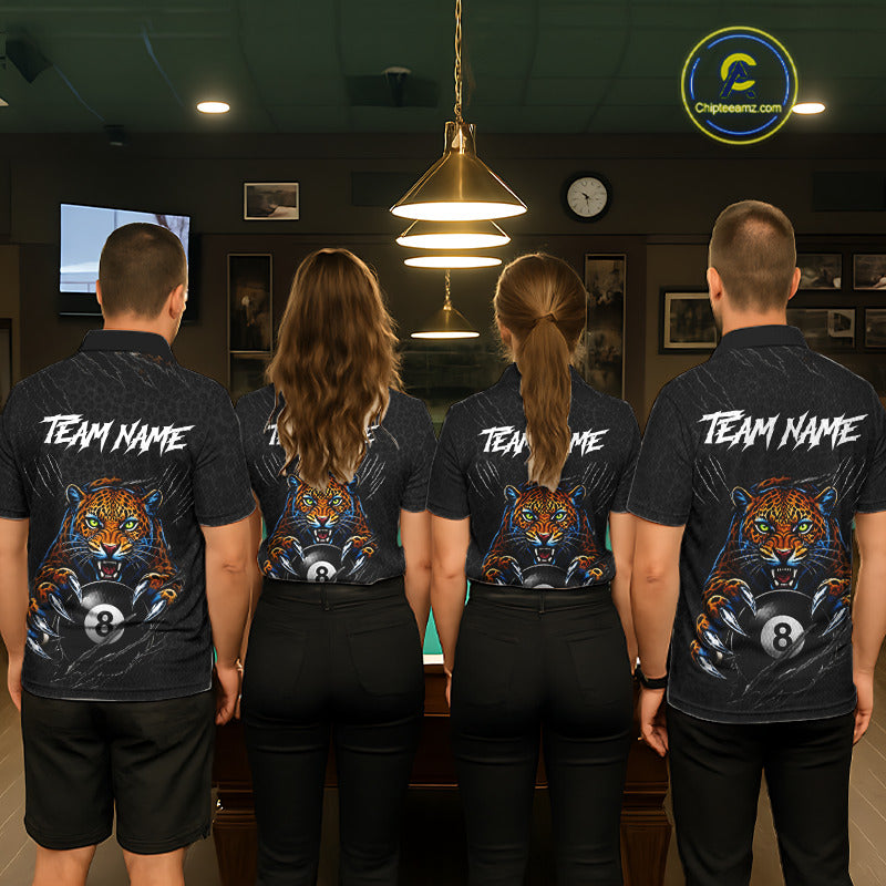 Men women billiard team wearing Funny Tiger 8 Ball custom pool uniforms, personalized 8 ball team jerseys