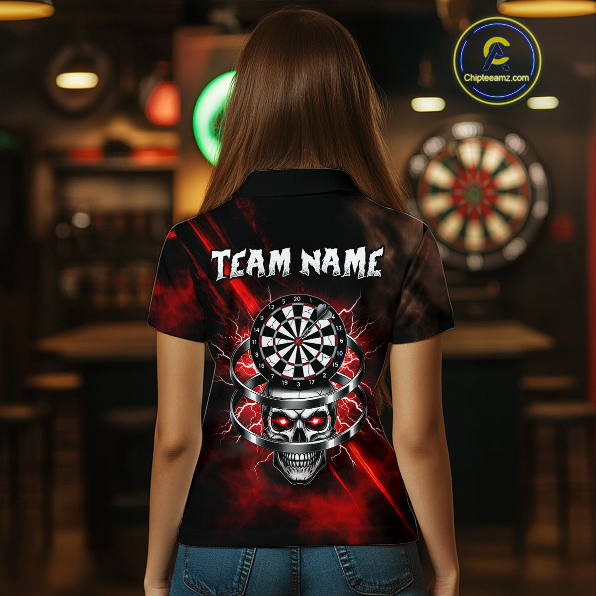 Custom Silver Skull Dartboard Lightning Red Dart Women  Polo Jerseys Outfits Dart Shirt NYN1710