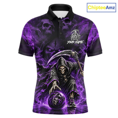 Black & Purple Flame Grim Reaper Bowling Polo featuring custom player name, skull artwork, gothic bowling apparel, custom tournament jersey, heavy metal style sportswear, fearless competition theme.