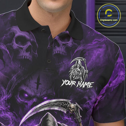 Female bowler wearing Grim Reaper bowling jersey symbolizing resilience, fearlessness, transformation, Halloween culture, tattoo fashion, personalized sportswear.