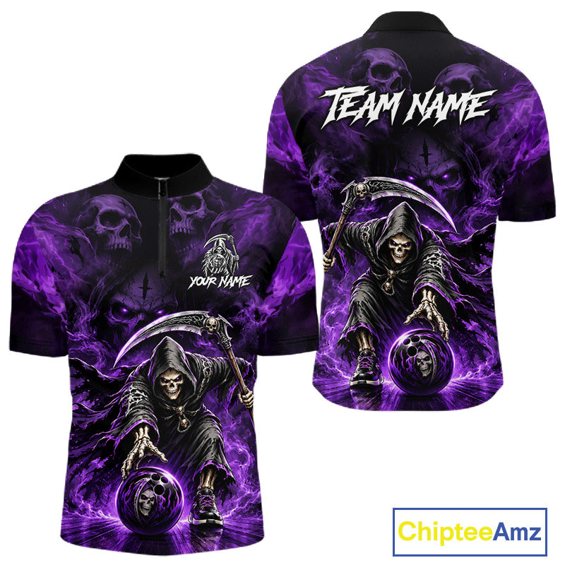 Black & Purple Flame Grim Reaper Quarter-Zip Bowling Jersey featuring personalized player graphics, quick-dry athletic fabric, biker-inspired sportswear, custom bowling league clothing.