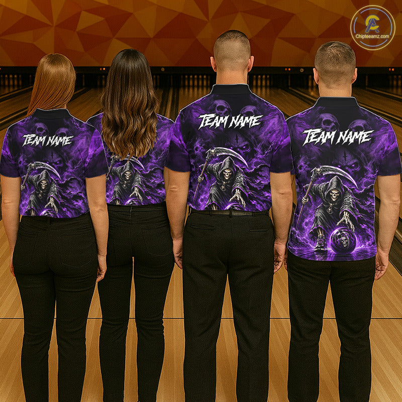 Bowling team wearing matching Grim Reaper jerseys featuring personalized names, Halloween tournament apparel, gothic sportswear, biker-inspired uniforms, teamwork, fearless competition, championship spirit.