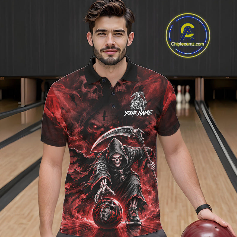 Female athlete modeling Red Flame Grim Reaper bowling jersey representing courage, fearless attitude, passion, strength, Halloween-inspired sports fashion.