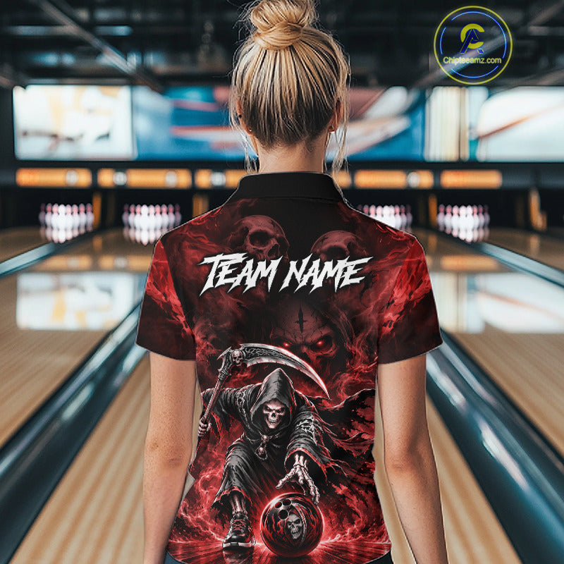 Female athlete modeling Red Flame Grim Reaper bowling jersey representing courage, fearless attitude, passion, strength, Halloween-inspired sports fashion.
