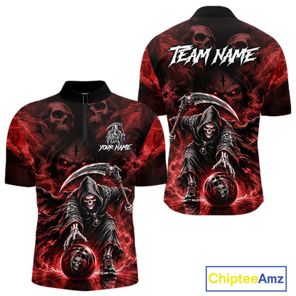 Black & Red Flame Grim Reaper Quarter-Zip Bowling Jersey featuring personalized player name, breathable performance apparel, gothic tournament sportswear.