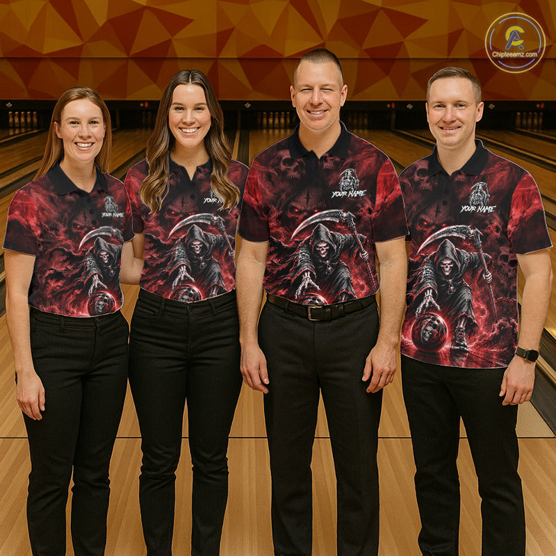 Bowling team wearing matching Red Flame Grim Reaper jerseys, personalized names, gothic tournament uniforms, heavy metal culture, teamwork, competitive spirit, championship sportswear