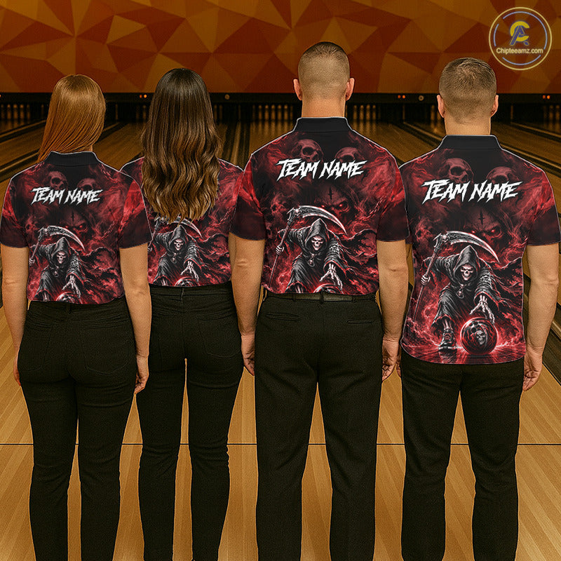 Bowling team wearing matching Red Flame Grim Reaper jerseys, personalized names, gothic tournament uniforms, heavy metal culture, teamwork, competitive spirit, championship sportswear