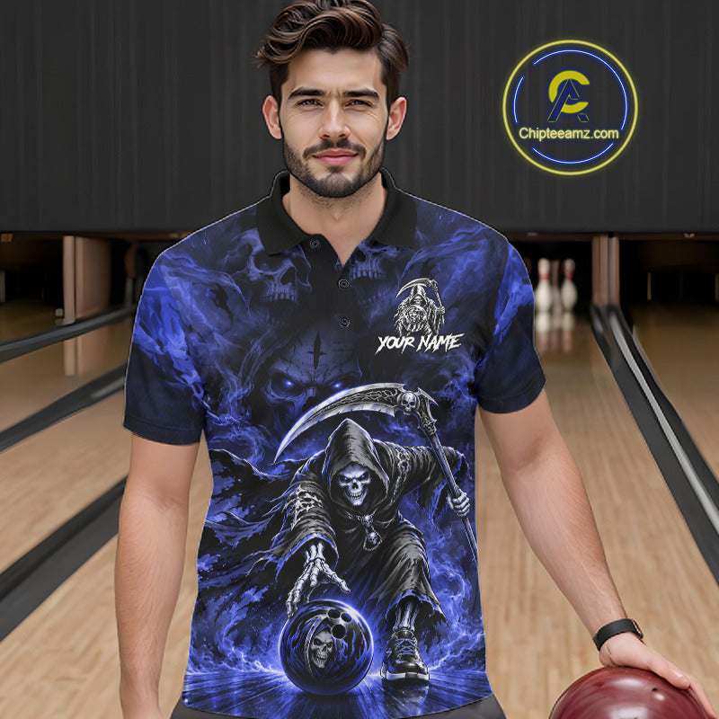 Male bowler modeling Blue Flame Grim Reaper bowling shirt featuring fearless attitude, leadership, biker culture, custom bowling sportswear.