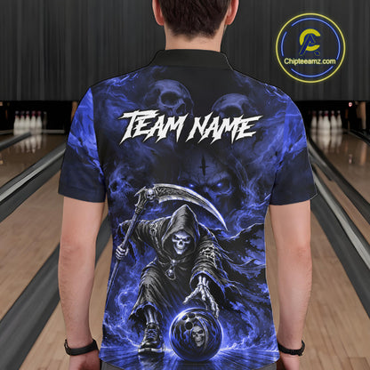 Male bowler modeling Blue Flame Grim Reaper bowling shirt featuring fearless attitude, leadership, biker culture, custom bowling sportswear.