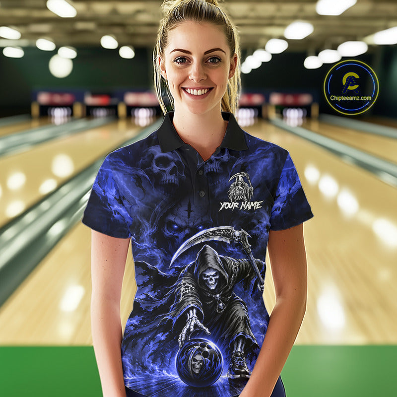 Female bowler wearing Blue Flame Grim Reaper jersey symbolizing resilience, confidence, transformation, modern gothic fashion, personalized bowling apparel.