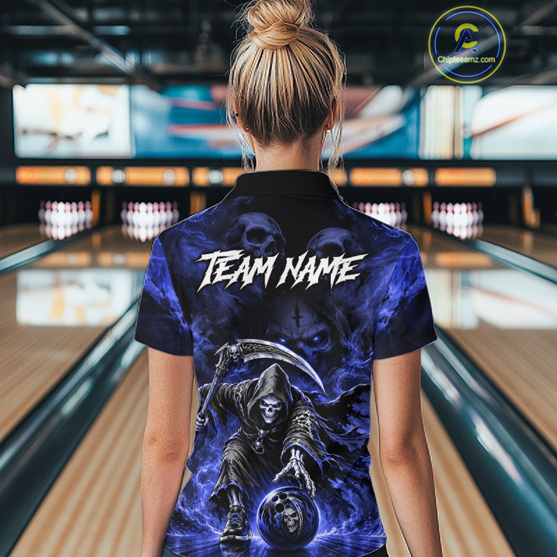 Female bowler wearing Blue Flame Grim Reaper jersey symbolizing resilience, confidence, transformation, modern gothic fashion, personalized bowling apparel.
