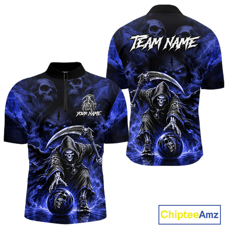 Black & Blue Flame Grim Reaper Quarter-Zip Bowling Jersey featuring custom bowling team logo, breathable sportswear, championship tournament apparel.