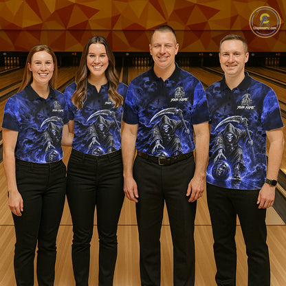 Bowling team wearing matching Blue Flame Grim Reaper jerseys with personalized names, gothic-inspired uniforms, championship sportswear, teamwork, resilience, Halloween tournament apparel.