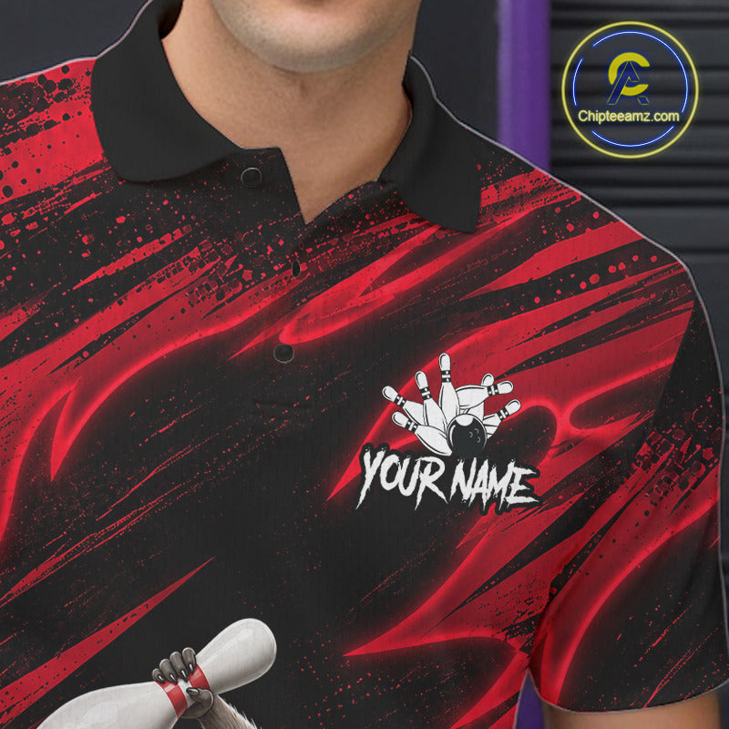Male bowler modeling Neon Red Funny Raccoon bowling shirt featuring playful mascot, gaming culture, teamwork, custom athletic sportswear.