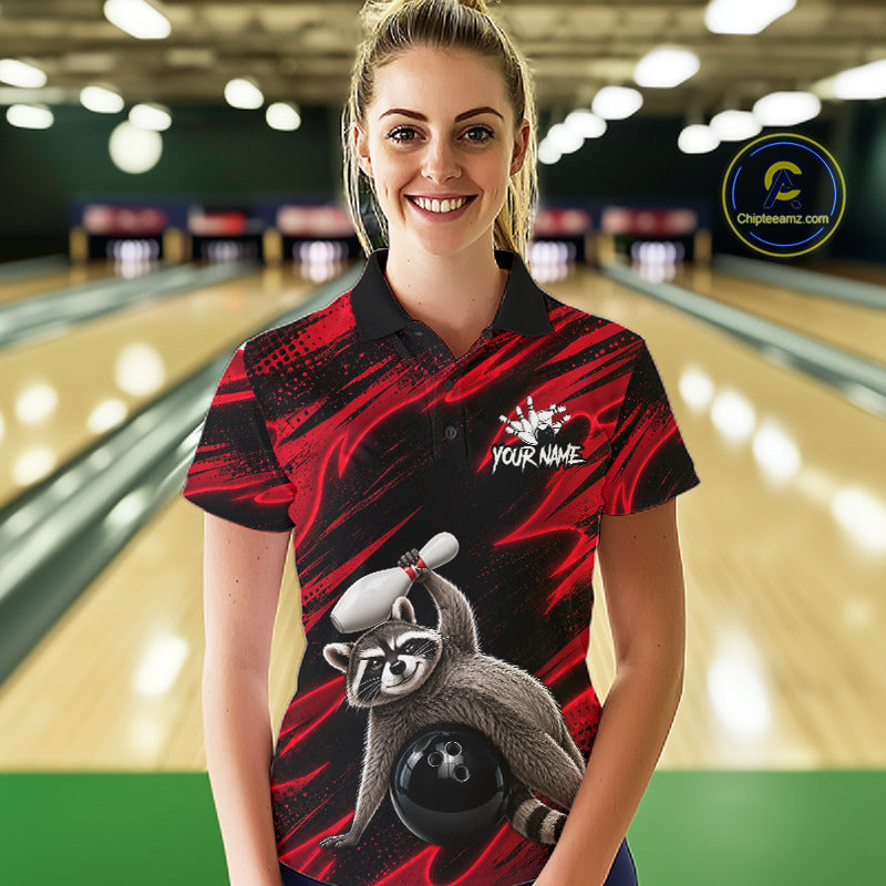 Female bowler wearing Neon Red Funny Raccoon bowling jersey representing fun, creativity, confidence, esports-inspired fashion, personalized bowling apparel.