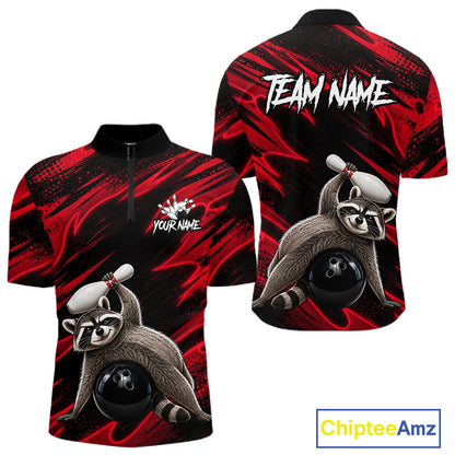 Neon Red Funny Raccoon Quarter-Zip Bowling Jersey featuring personalized team graphics, breathable sportswear, gaming-inspired mascot apparel, performance tournament clothing
