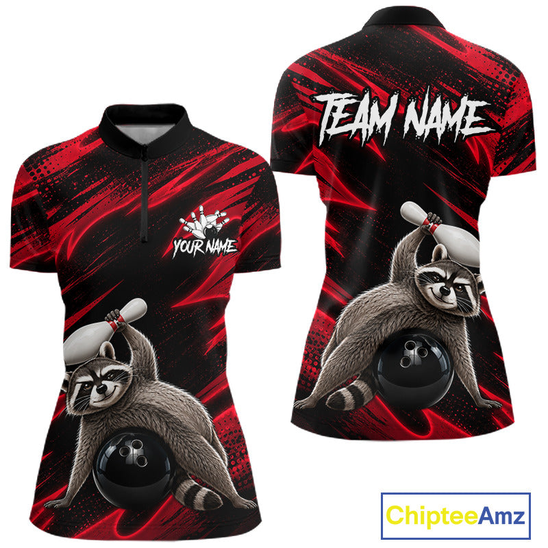 Neon Red Funny Raccoon Quarter-Zip Bowling Shirt featuring custom player graphics, quick-dry athletic fabric, vibrant mascot artwork, personalized bowling league apparel.