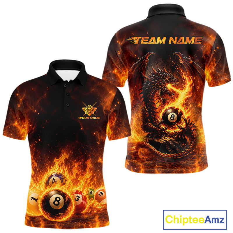 Fire Flame Dragon men's billiard polo shirt, personalized 8 ball pool team jersey, custom dragon billiards apparel, tournament pool uniform
