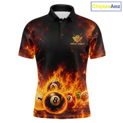 Fire Flame Dragon men's billiard polo shirt, personalized 8 ball pool team jersey, custom dragon billiards apparel, tournament pool uniform