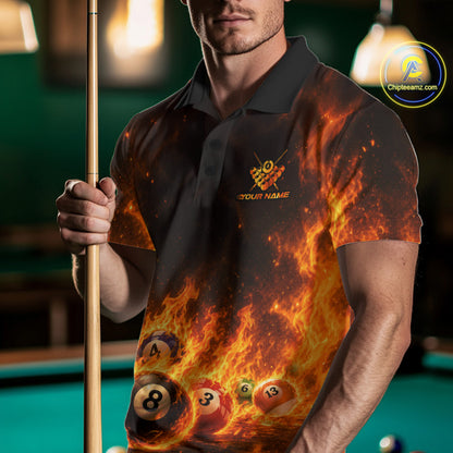 Male billiard player wearing Fire Flame Dragon 8 ball pool jersey, personalized billiard team shirt