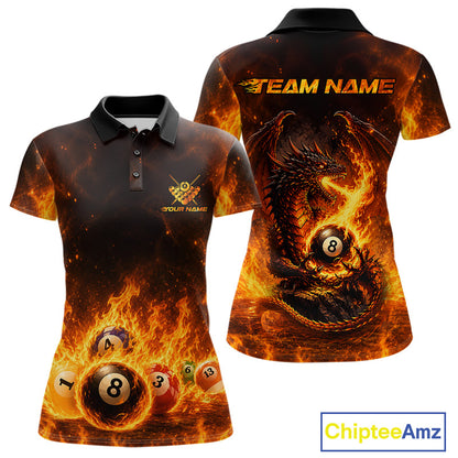 Fire Flame Dragon women's billiard polo shirt, personalized 8 ball pool team jersey, dragon billiard apparel