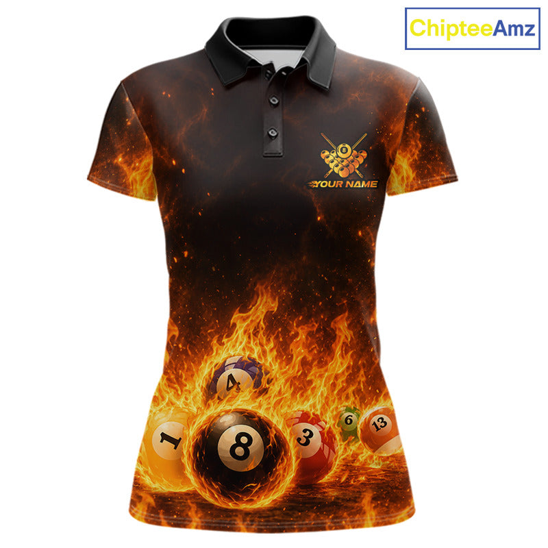 Fire Flame Dragon women's billiard polo shirt, personalized 8 ball pool team jersey, dragon billiard apparel