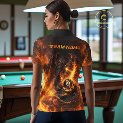 Female billiard player wearing Fire Flame Dragon billiard jersey, custom pool team shirt