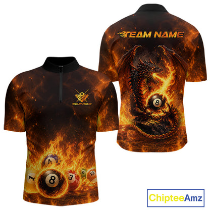 Fire Flame Dragon men's billiard quarter zip shirt, custom 8 ball billiard jersey, dragon pool team apparel
