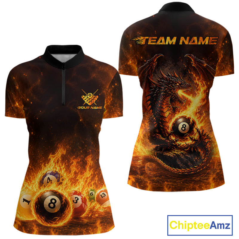 Fire Flame Dragon women's billiard quarter zip shirt, custom dragon pool jersey, 8 ball team uniform