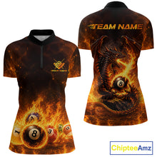 Load image into Gallery viewer, Fire Flame Dragon women's billiard quarter zip shirt, custom dragon pool jersey, 8 ball team uniform