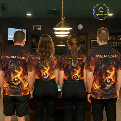 Men women billiard team wearing Fire Flame Dragon custom pool jerseys, personalized billiard uniforms