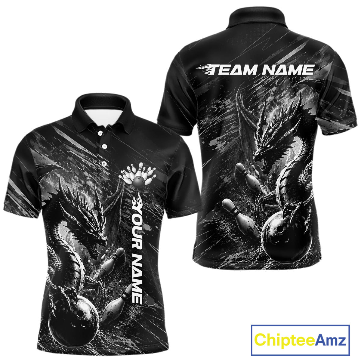 Black and White Grunge Dragon men's bowling polo shirt, personalized bowling ball and pins jersey, custom team apparel