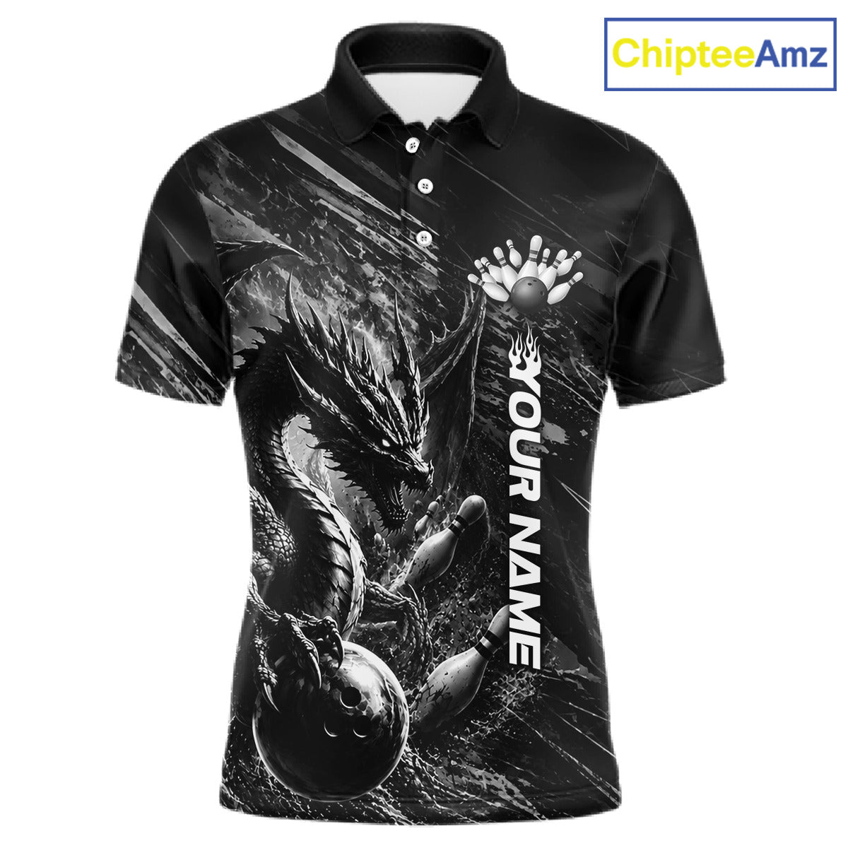 Black and White Grunge Dragon men's bowling polo shirt, personalized bowling ball and pins jersey, custom team apparel
