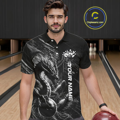 Male bowler wearing Grunge Dragon bowling jersey, personalized men's bowling shirt