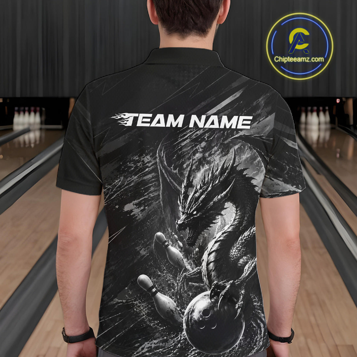 Male bowler wearing Grunge Dragon bowling jersey, personalized men's bowling shirt