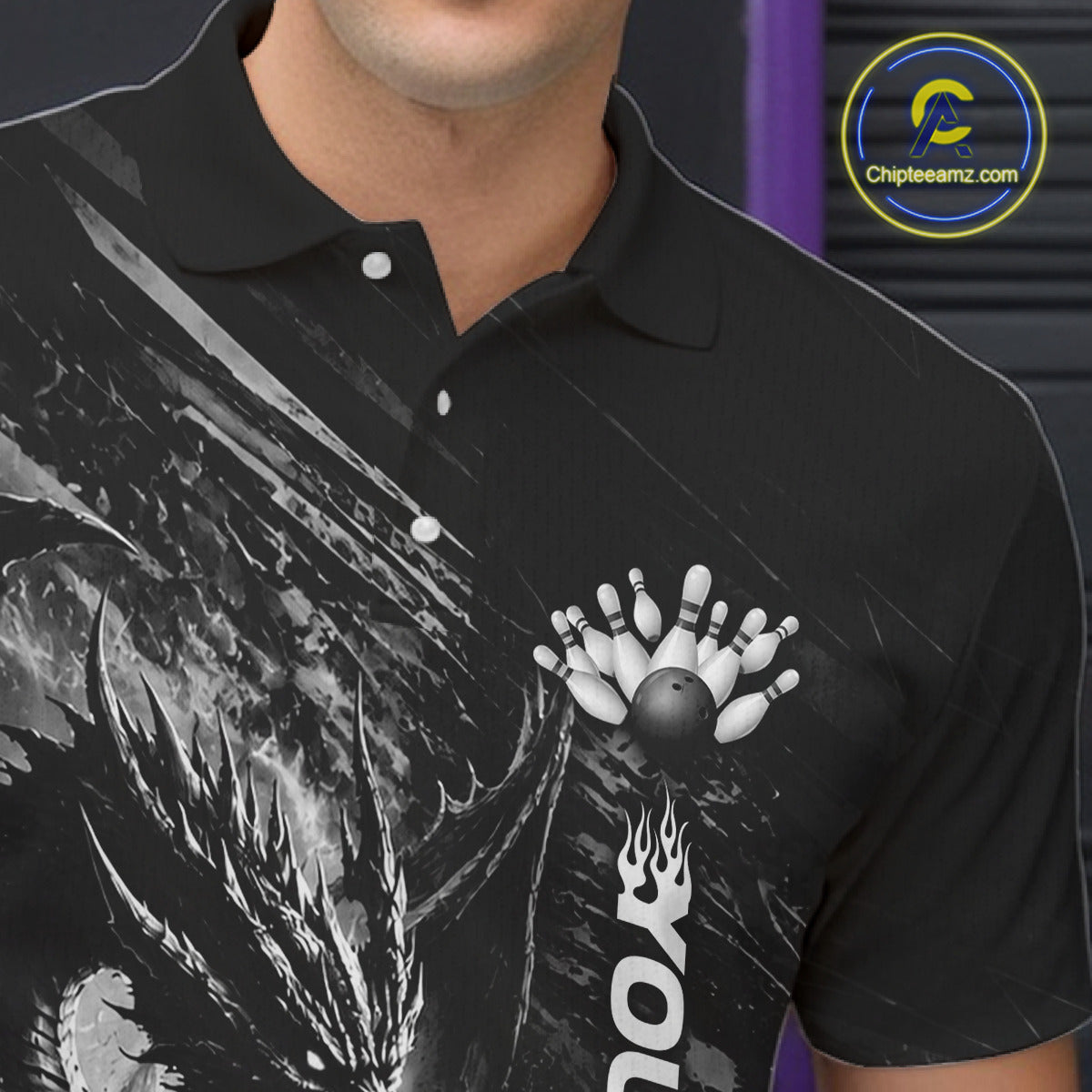 Male bowler wearing Grunge Dragon bowling jersey, personalized men's bowling shirt