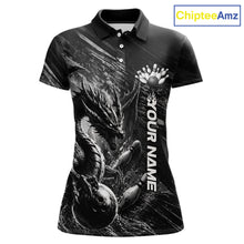 Load image into Gallery viewer, Black and White Grunge Dragon women's bowling polo shirt, personalized bowling ball and pins jersey, custom team apparel