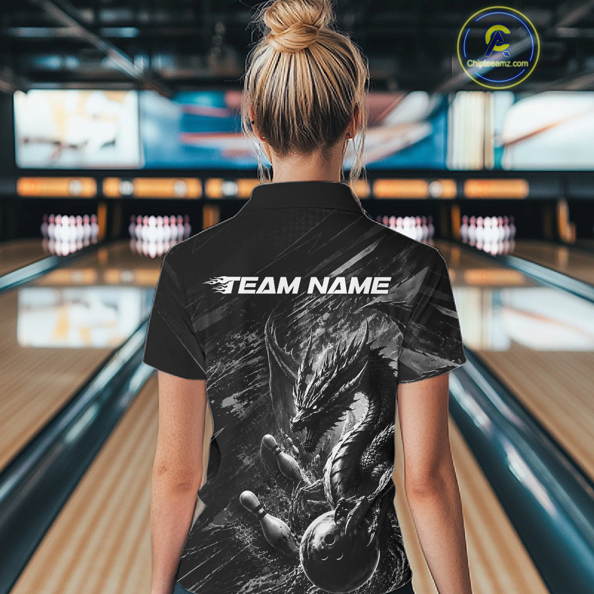 Female bowler wearing Grunge Dragon bowling jersey, personalized women's bowling shirt
