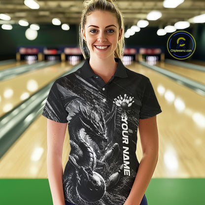 Female bowler wearing Grunge Dragon bowling jersey, personalized women's bowling shirt