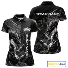 Load image into Gallery viewer, Black and White Grunge Dragon women's bowling polo shirt, personalized bowling ball and pins jersey, custom team apparel