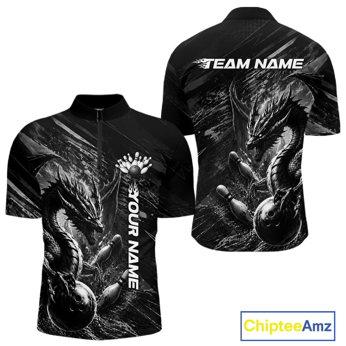 Black and White Grunge Dragon men's bowling quarter zip shirt, custom bowling team uniform