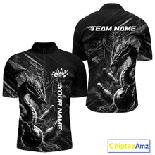 Load image into Gallery viewer, Black and White Grunge Dragon men's bowling quarter zip shirt, custom bowling team uniform