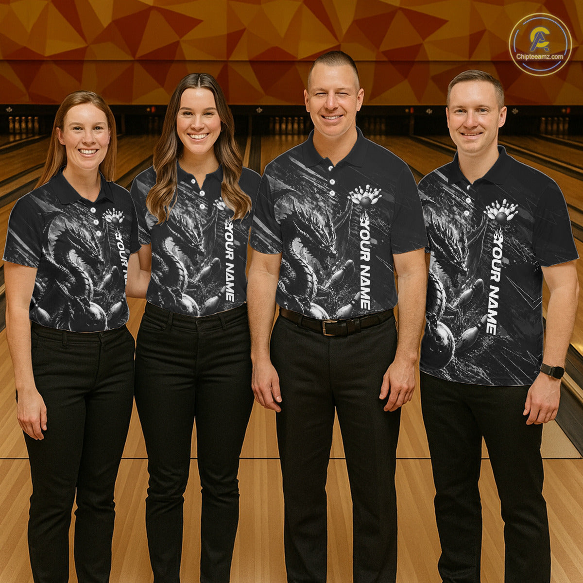 Men women bowling team wearing Black and White Grunge Dragon custom bowling uniforms, league bowling jerseys