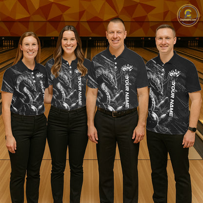 Men women bowling team wearing Black and White Grunge Dragon custom bowling uniforms, league bowling jerseys