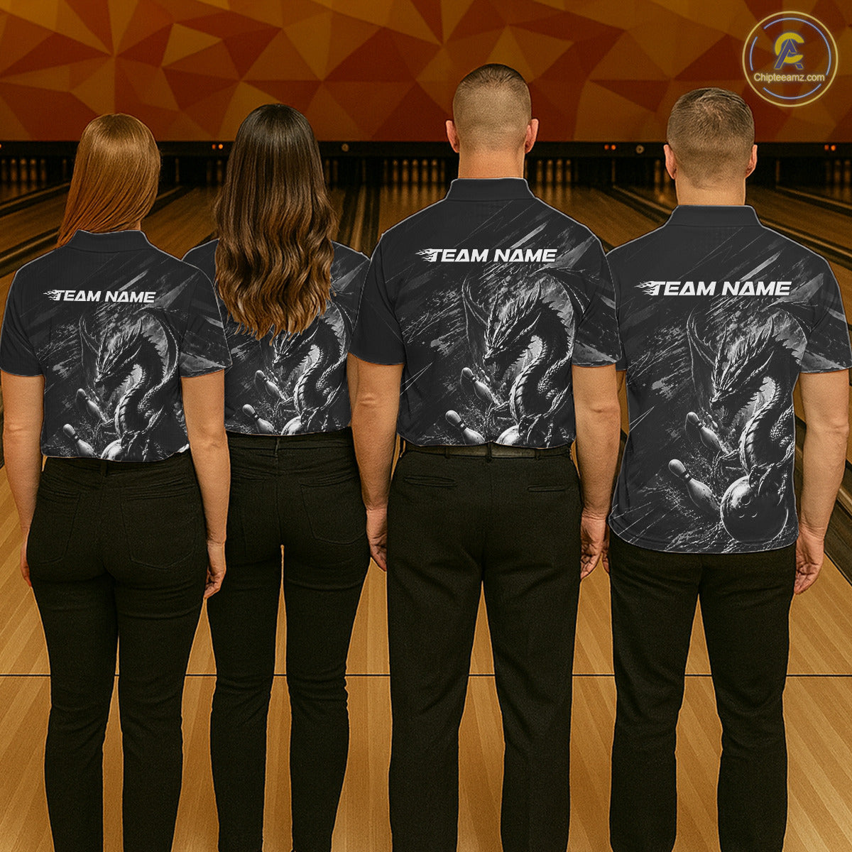Men women bowling team wearing Black and White Grunge Dragon custom bowling uniforms, league bowling jerseys