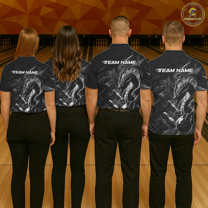 Men women bowling team wearing Black and White Grunge Dragon custom bowling uniforms, league bowling jerseys