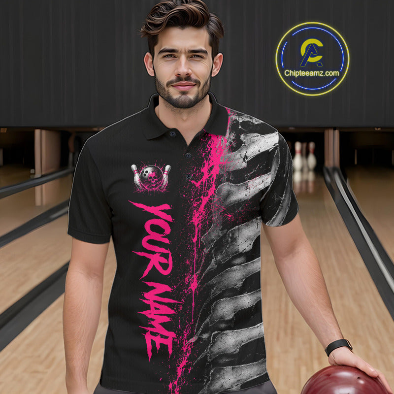 Male model wearing Pink Splatter Grey Bone custom bowling polo shirt, skeleton team jersey, bowling tournament apparel, sports club performance uniform