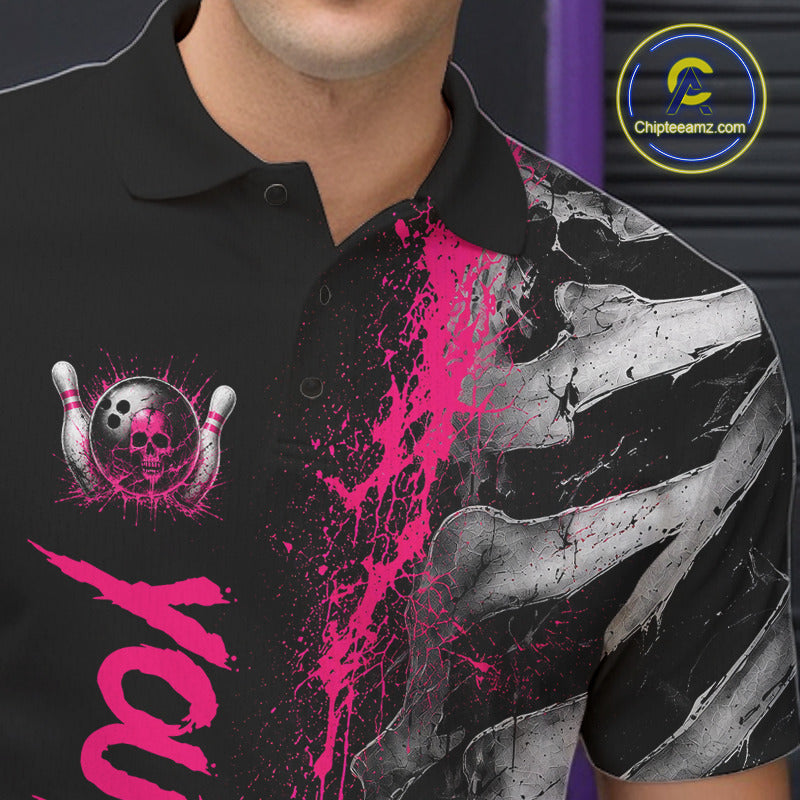 Male model wearing Pink Splatter Grey Bone custom bowling polo shirt, skeleton team jersey, bowling tournament apparel, sports club performance uniform